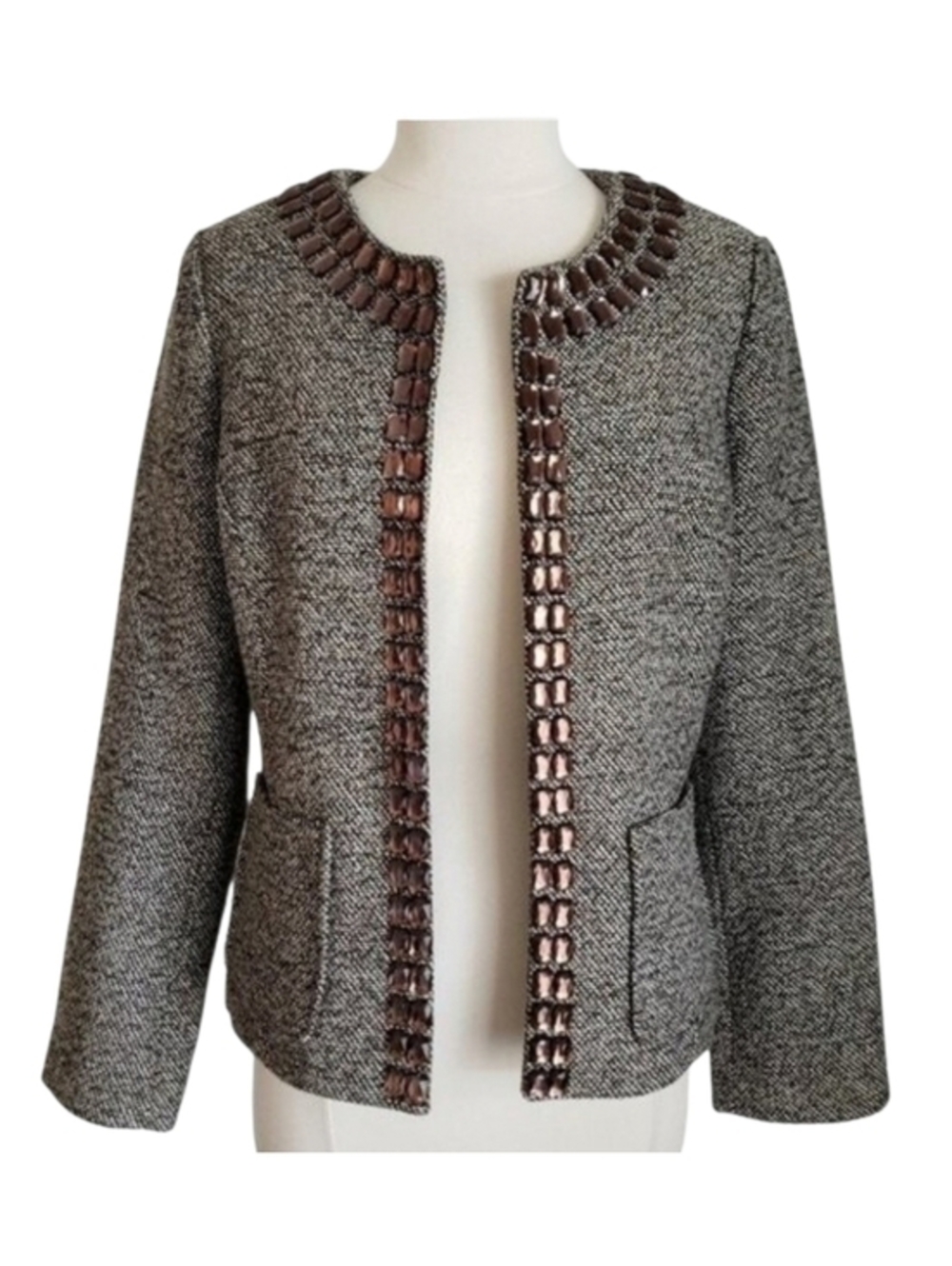 Dana Buchman Rhinestone Brown & Gray Tweed Open-Front Blazer/Jacket- Size 6